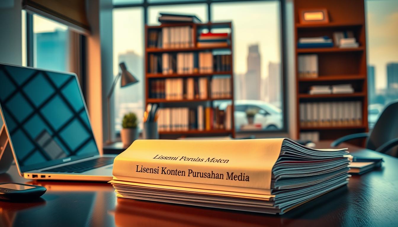 A professional, well-organized office setting with a desk, laptop, and various office supplies. The focus is on a stack of legal documents labeled &quot;Lisensi Konten Perusahaan Media&quot; in the foreground, illuminated by warm, directional lighting from a window on the left. The middle ground features a bookshelf filled with industry-relevant books, while the background showcases city skyline through the window, conveying a sense of professional, corporate atmosphere. The overall mood is one of productivity, legal compliance, and intellectual property management.