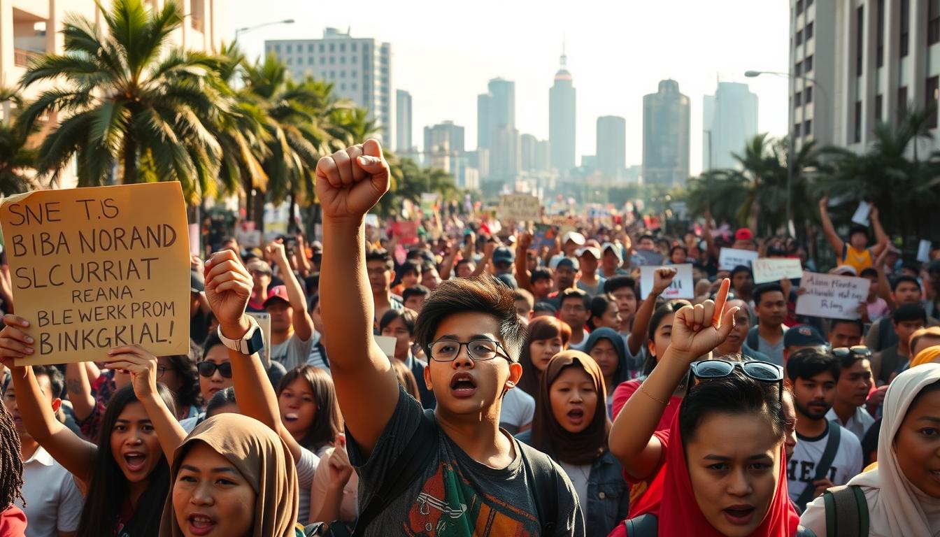A large crowd of university students gathered in the streets of Bengkulu, their faces determined and resolute. In the foreground, a group of protesters hold up colorful banners and placards, their expressions passionate as they voice their concerns. The middle ground is filled with the energy of the demonstration, with students marching in organized formations, chanting slogans and raising their fists in solidarity. In the background, the city skyline provides a dynamic backdrop, capturing the scale and significance of the event. The scene is illuminated by warm, natural lighting, casting a golden glow over the scene and emphasizing the sense of unity and purpose among the students. The overall mood is one of a powerful, grassroots movement advocating for change.