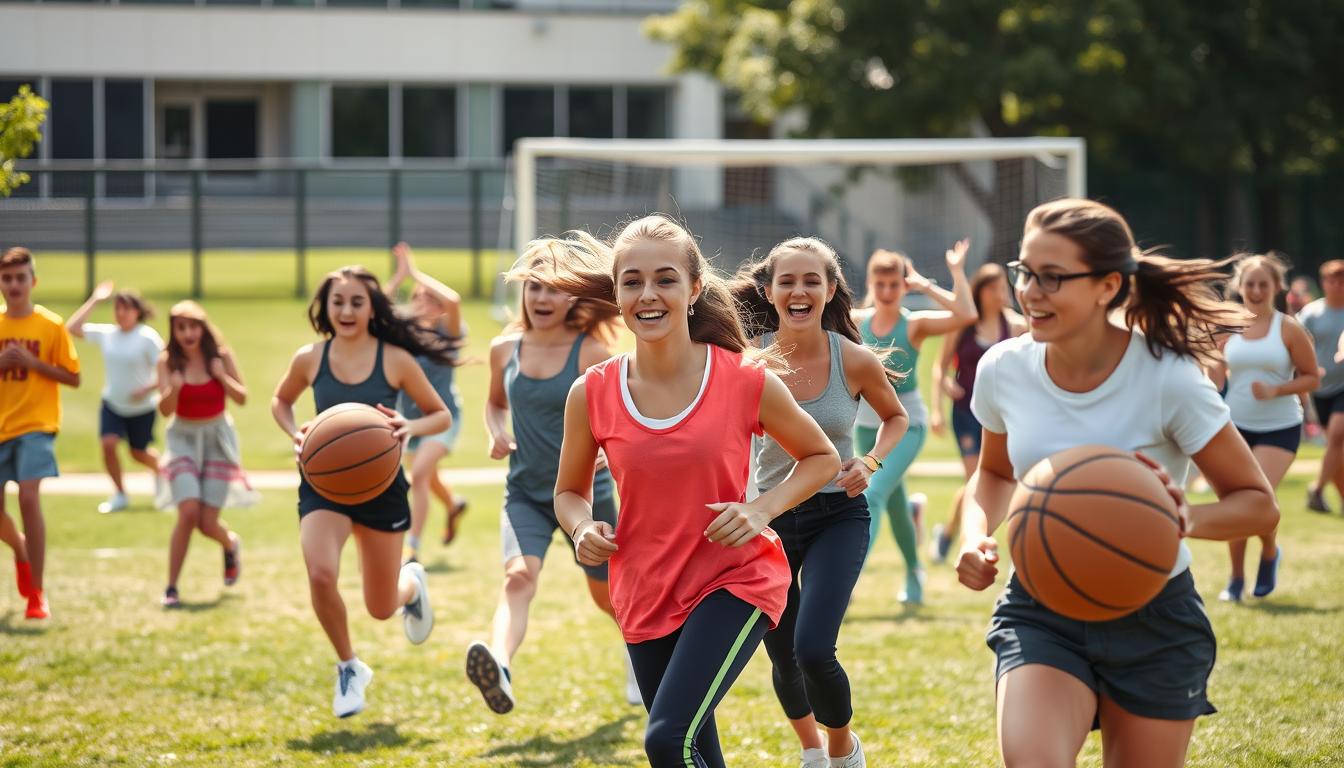 A vibrant, dynamic scene of teenagers engaged in a variety of energetic, enjoyable physical activities. In the foreground, a group of friends are playing a spirited game of basketball, their expressions animated and their movements captured in a crisp, natural lighting. In the middle ground, a pair of students are jogging together, their faces flushed with exertion but their body language relaxed and social. In the background, a diverse array of other activities are taking place - yoga and stretching, a lively game of soccer, and a fitness class led by an enthusiastic instructor. The overall atmosphere conveys a sense of youthful vitality, camaraderie, and a healthy, active lifestyle.