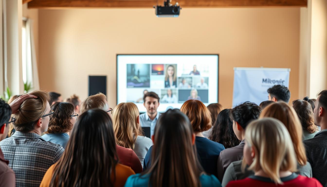 A lively online workshop setting, with a group of engaged participants gathered around a central moderator. The foreground features a diverse array of attentive faces, conveying a sense of active discussion and exchange of ideas. The middle ground showcases a clean, minimalist presentation screen, projecting visuals that captivate the audience. The background blurs into a softly-lit, warm environment, creating an inviting, collaborative atmosphere. The lighting is natural and flattering, with a slight top-down angle to enhance the sense of engagement. The overall mood is one of focused attention, intellectual stimulation, and a shared experience of learning and connection.