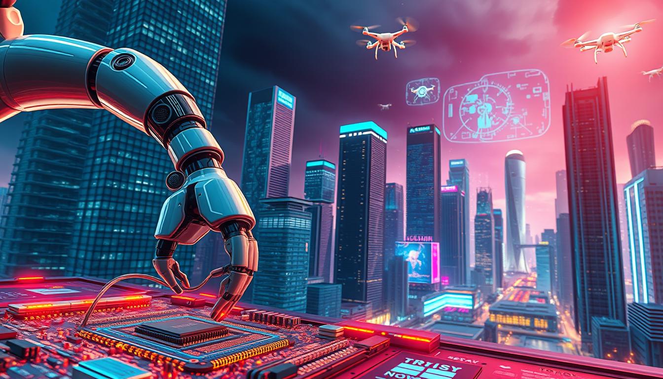 A futuristic cityscape showcasing the power of technological innovation. In the foreground, a sleek and elegant robotic arm manipulates intricate circuit boards, conveying the intricacies of modern engineering. In the middle ground, towering skyscrapers with gleaming glass facades and seamless architectural designs symbolize the cutting edge of urban development. The background features a vibrant, neon-lit skyline, with holographic displays and drones soaring through the air, painting a vibrant, dynamic vision of a technologically advanced society. The scene is illuminated by a warm, futuristic lighting that casts a sense of wonder and progress. Captured with a wide-angle lens to emphasize the grand scale and ambition of this technological utopia.