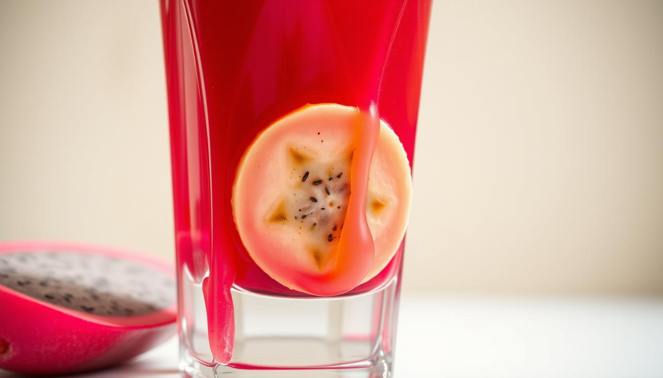 A vibrant and refreshing close-up of a tall glass filled with a luscious, ruby-red dragon fruit juice. The juice cascades down the sides of the glass, casting captivating reflections. Slices of ripe, golden banana rest atop the surface, adding a complementary sweetness. Soft, diffused lighting creates a warm, inviting atmosphere, highlighting the natural colors and textures of the ingredients. The scene is captured from a low angle, emphasizing the depth and richness of the beverage. The overall composition evokes a sense of health, vitality, and the perfect pairing of tropical flavors.