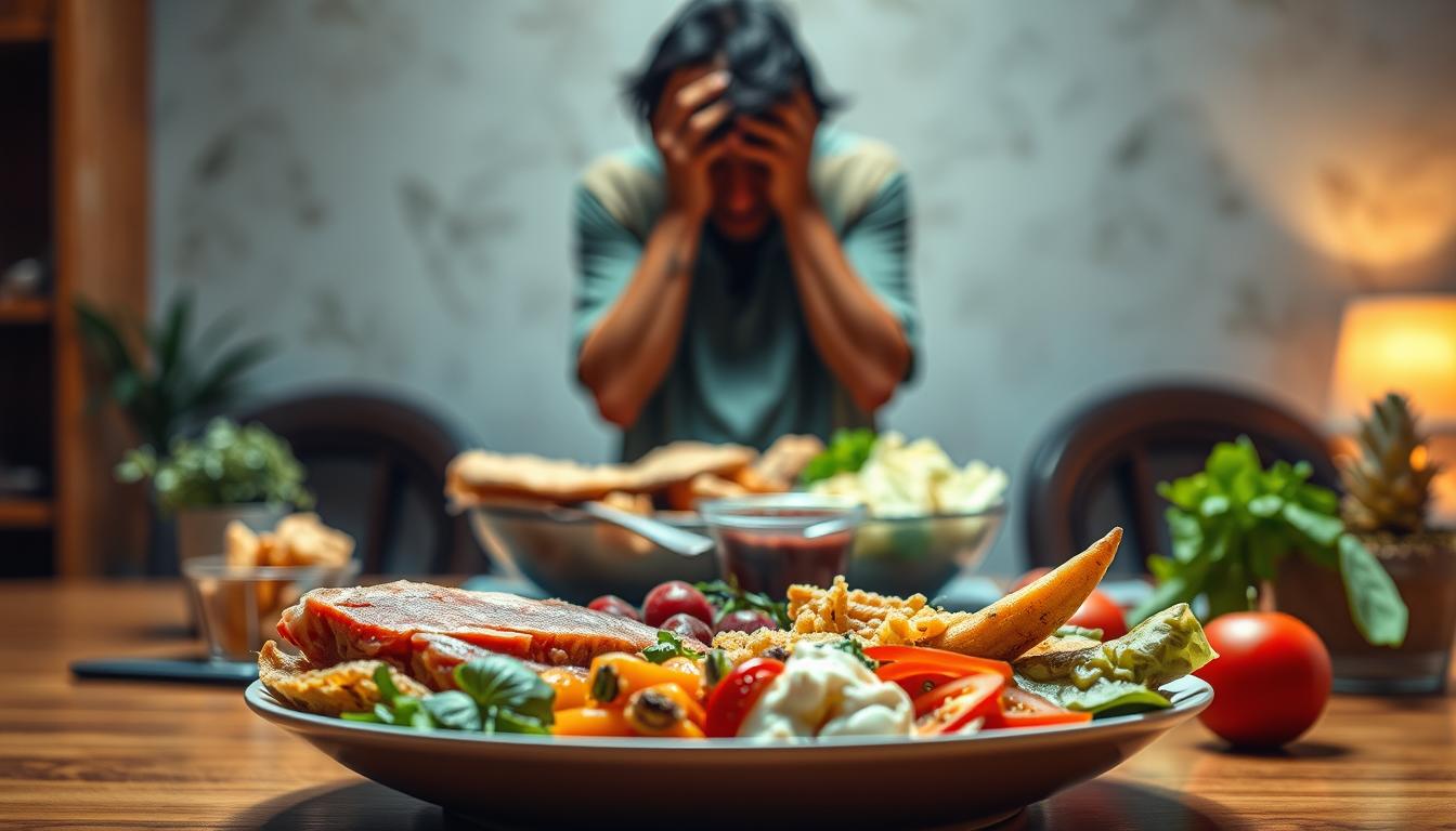 A vibrant, hyper-realistic scene depicting the impact of portion sizes on health. In the foreground, a balanced plate showcases a diverse array of nutritious foods - lean proteins, fresh produce, and whole grains. The midground features an oversized, indulgent meal with unhealthy portions, juxtaposed against a backdrop of a distressed human figure, representing the negative health consequences of poor portion control. Warm, diffused lighting illuminates the scene, creating a thoughtful, introspective atmosphere. Captured through a wide-angle lens, the composition emphasizes the contrast between balanced and excessive eating habits and their respective impacts on well-being.