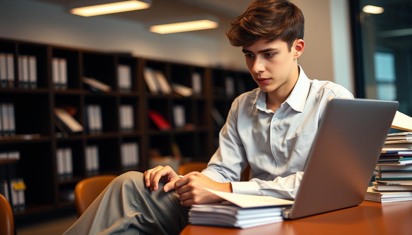 A young college student, dressed in a collared shirt and slacks, intently focused on a laptop screen, carefully verifying and analyzing data sets. The setting is a modern university office, with warm lighting and a backdrop of bookshelves and paperwork, conveying a sense of academic rigor and attention to detail. The student's expression is one of concentration and diligence, reflecting the important role they play in ensuring the fair and accurate determination of tuition fees. The scene captures the essence of a student verifier, contributing their expertise and commitment to the university's efforts to deliver a transparent and equitable process.