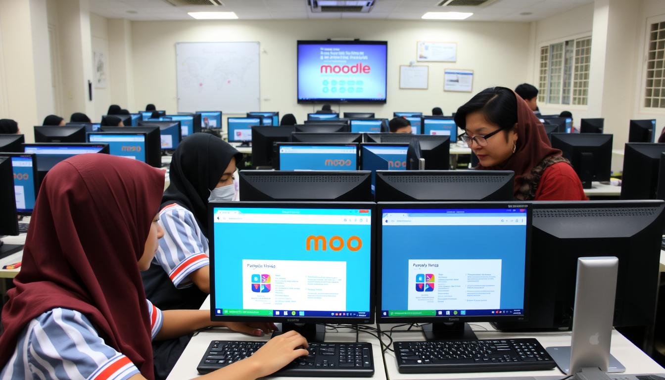 Siswa SMP menggunakan platform Moodle di laboratorium komputer sekolah