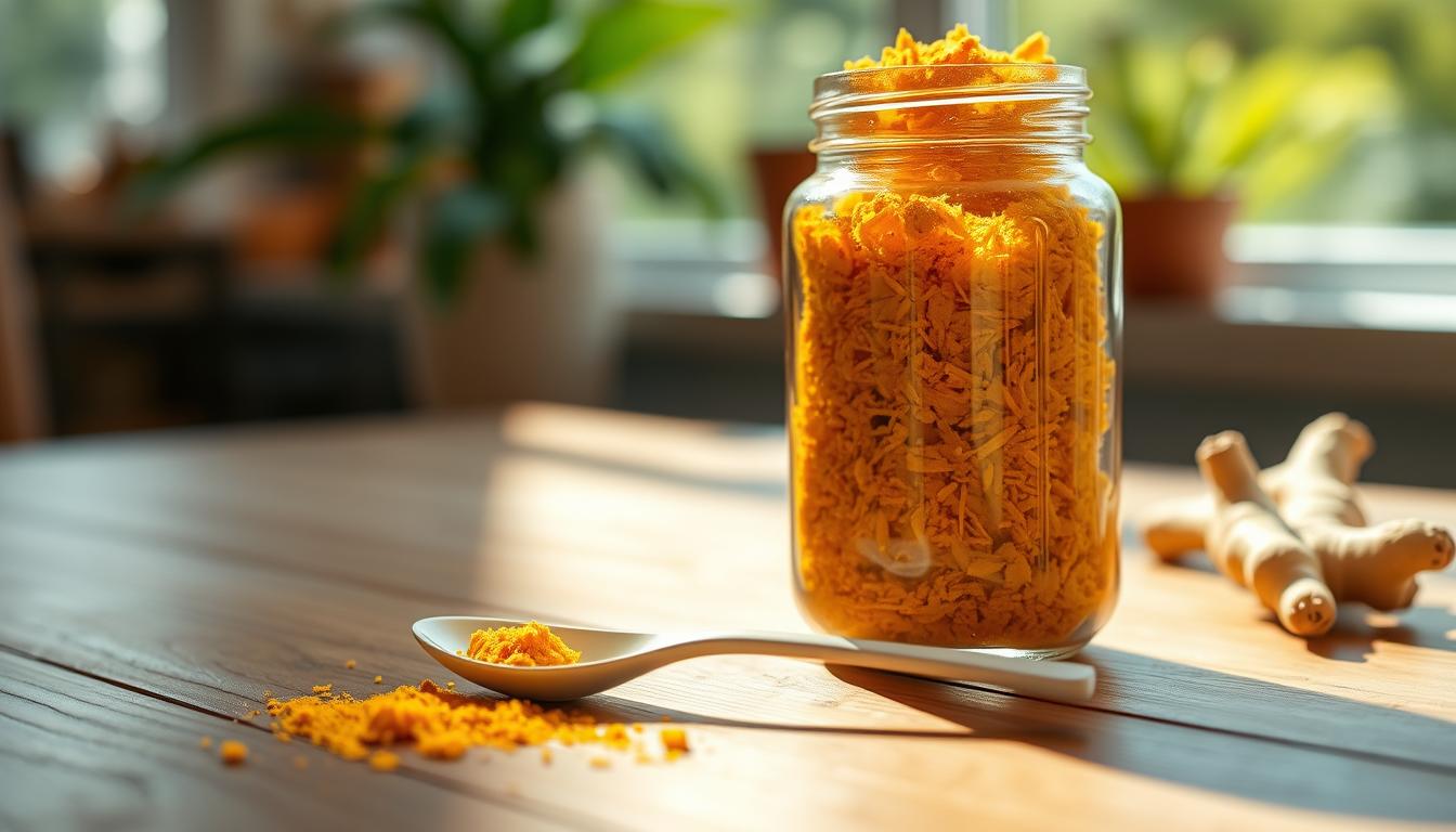 A neatly arranged wooden table showcasing a beautifully crafted glass jar filled with freshly grated ginger and turmeric roots. The natural light filters in, casting a warm, inviting glow on the scene. In the foreground, a clean white spoon rests beside the jar, hinting at the recommended daily dosage. The background is blurred, allowing the jar to take center stage and command attention. The overall mood is one of health, wellness, and the restorative power of nature's own remedies.
