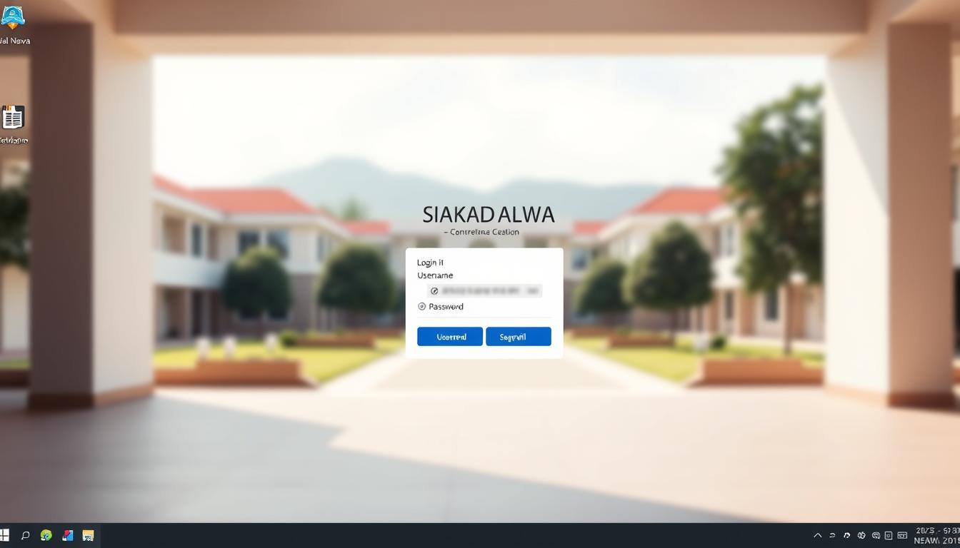 A clean, modern desktop interface showcasing the official SIAKAD Dalwa website login page. The foreground features a centered login form with fields for username and password, surrounded by a minimalist design aesthetic. The middle ground depicts the website's header and navigation menu, while the background showcases a blurred campus landscape, conveying an academic atmosphere. Soft, natural lighting illuminates the scene, creating a professional and inviting mood. The overall composition emphasizes simplicity, ease of use, and the authoritative nature of the SIAKAD Dalwa online platform.
