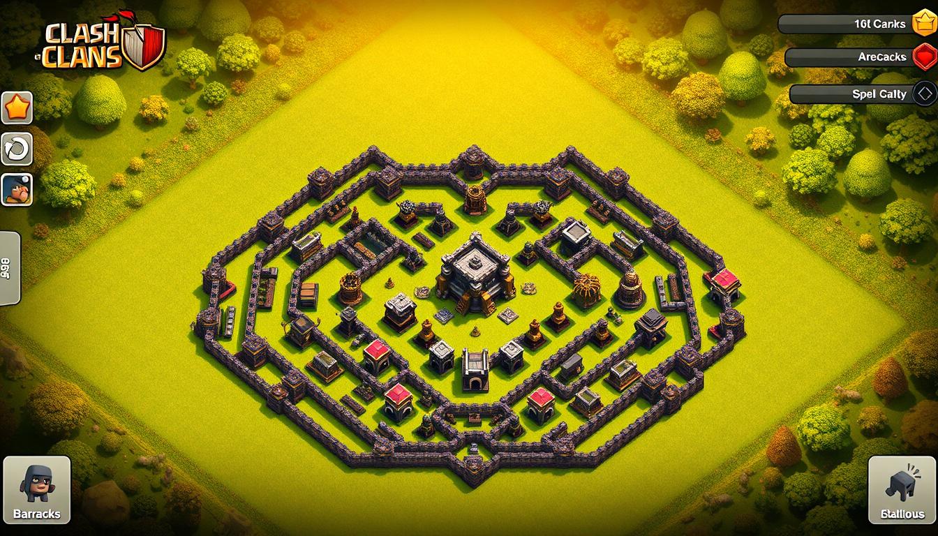 A detailed, meticulously designed base layout for Clash of Clans Town Hall 6. In the foreground, defensive structures like Cannons, Archer Towers, and Wizard Towers are precisely positioned to form an impenetrable ring around the central Town Hall. The middle ground features resource buildings, Barracks, and Spell Factory, all neatly arranged in a symmetrical grid. In the background, a lush, verdant landscape with rolling hills, clusters of trees, and a serene river sets the scene. Warm, golden sunlight bathes the entire base, creating a welcoming, well-fortified atmosphere. The layout showcases strategic depth and attention to detail, hinting at the player's mastery of defensive optimization at this stage of the game.