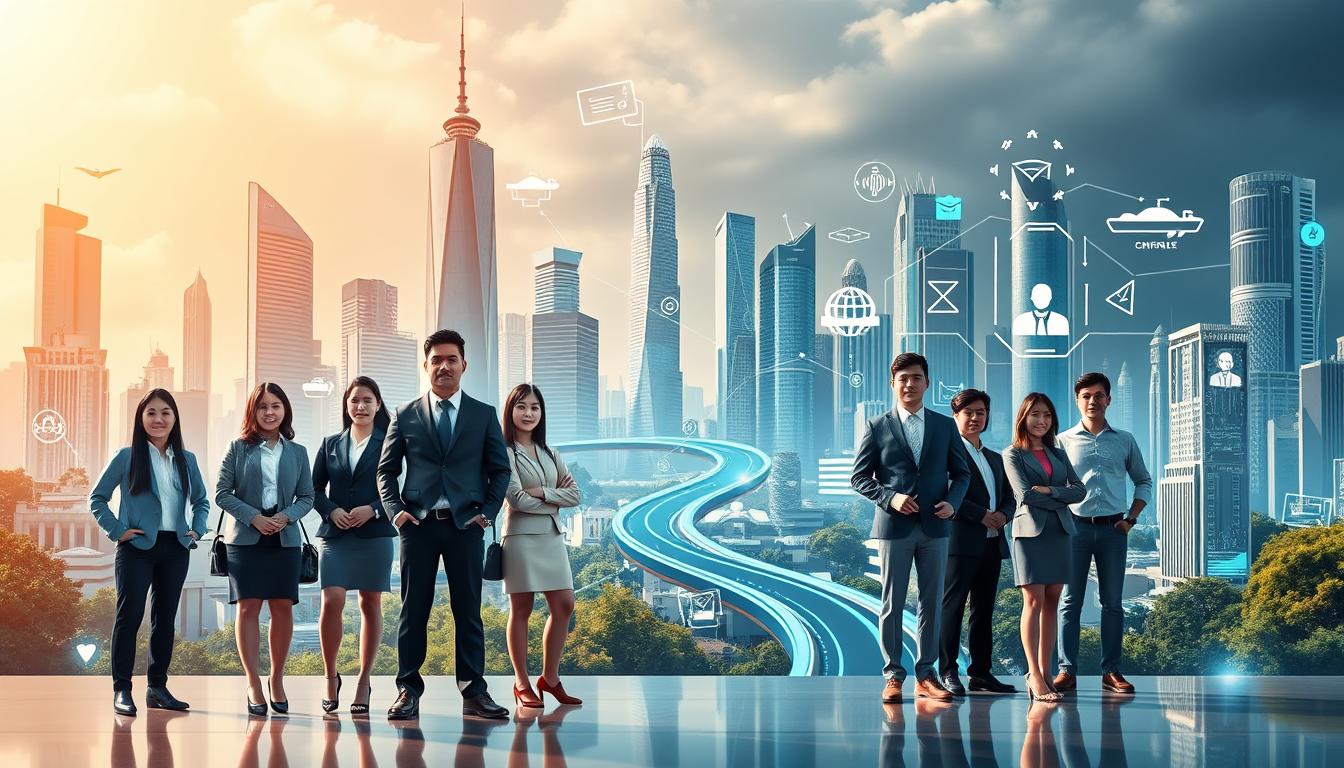 A striking, futuristic landscape depicting the &quot;jalur pendidikan, pilihan karier&quot; theme. In the foreground, a group of diverse young professionals stand proudly, dressed in contemporary business attire, representing various career paths. Behind them, a towering cityscape of gleaming skyscrapers and advanced technology symbolizes the digital era. The scene is bathed in a warm, golden light, conveying a sense of optimism and opportunity. In the middle ground, a winding educational pathway winds through the city, branching off into multiple directions, signifying the diverse educational choices available. The background features a stylized, holographic display showcasing various in-demand job roles and industries, complementing the forward-thinking atmosphere. The overall composition should inspire the viewer to consider their own educational and career journey in this transformative digital age.
