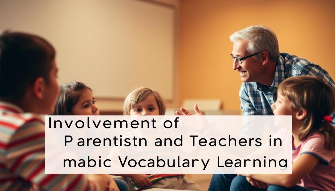 A classroom setting with two adults, a parent and a teacher, engaged in a collaborative discussion with a group of children. The parent and teacher are leaning in, making eye contact and gesturing animatedly, creating an atmosphere of active involvement and shared learning. The children, ranging in age, are seated attentively, their faces lit with curiosity and enthusiasm. Warm, diffused lighting illuminates the scene, lending a sense of warmth and intimacy. The composition emphasizes the synergy between the parent, teacher, and students, reflecting the title &quot;Involvement of Parents and Teachers in Arabic Vocabulary Learning&quot;.