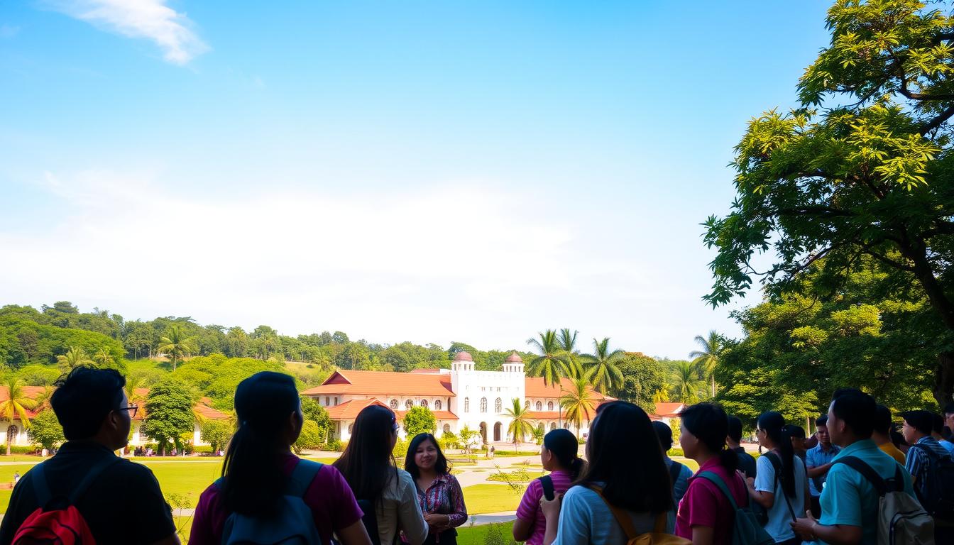 A scenic campus setting, Universitas Gadjah Mada in Yogyakarta, Indonesia. In the foreground, a group of enthusiastic students engrossed in conversation, their body language exuding a sense of camaraderie and intellectual curiosity. The middle ground showcases the iconic Yogyakarta architecture, with the distinctive red-tiled roofs and white-washed walls of the university buildings. In the background, a lush, verdant landscape frames the scene, dotted with towering trees and a clear blue sky overhead, creating a tranquil and inspirational atmosphere. Warm, natural lighting casts a soft glow, enhancing the vibrant colors and creating a welcoming ambiance that captures the essence of university life.