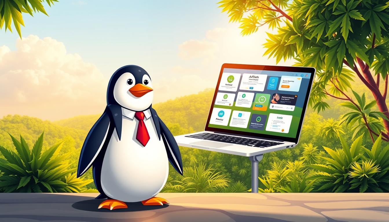 A serene and vibrant digital illustration showcasing the concept of affiliate marketing. In the foreground, a captivating penguin figure stands confidently, adorned in a smart business attire, symbolizing the potential of passive income streams. In the middle ground, a sleek laptop displays various affiliate program interfaces, highlighting the seamless integration of online partnerships. The background depicts a lush, verdant landscape, conveying a sense of abundance and prosperity. The scene is illuminated by warm, natural lighting, creating a welcoming and aspirational atmosphere. Rendered with a polished, semi-realistic style, the image embodies the empowering possibilities of affiliate marketing as a means to expand one's online earning potential.