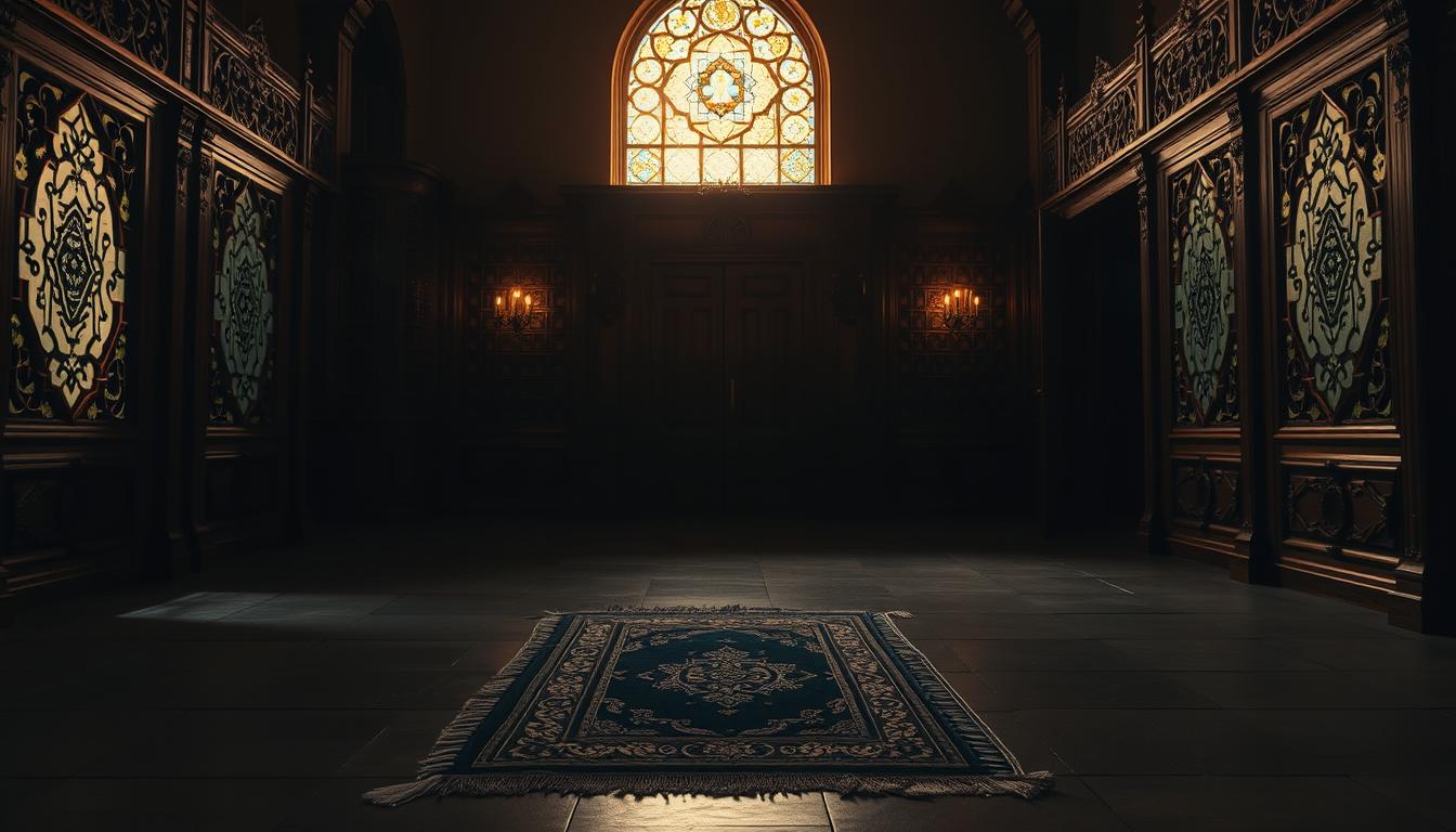 A serene, dimly lit prayer space with ornate, carved wooden screens lining the walls. Soft, ambient lighting filters through stained glass windows, casting a warm, meditative glow. A simple, ornate prayer rug rests on the polished stone floor, inviting the viewer to kneel and engage in quiet contemplation. The space exudes a sense of reverence and tranquility, creating an atmosphere conducive to personal reflection and communion with the divine.