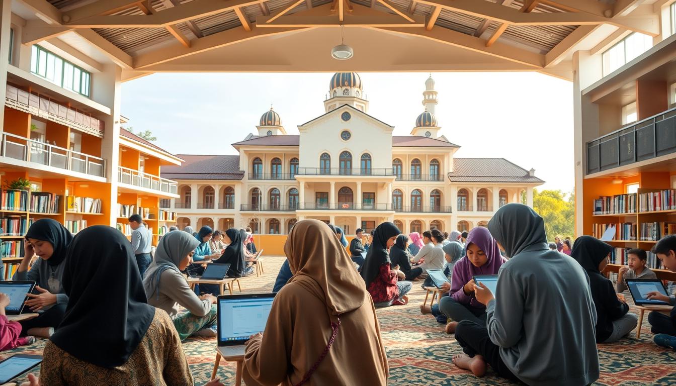 A modern Islamic boarding school (pesantren) with a vibrant and progressive curriculum. In the foreground, students of diverse backgrounds engage in interactive, technology-enhanced lessons. The middle ground features a well-equipped library and collaborative learning spaces. In the background, a grand, traditional pesantren building stands, blending old and new. Warm, natural lighting illuminates the scene, conveying a sense of intellectual vitality and spiritual serenity. The overall atmosphere evokes an institution that seamlessly integrates time-honored traditions with innovative, future-oriented educational approaches.