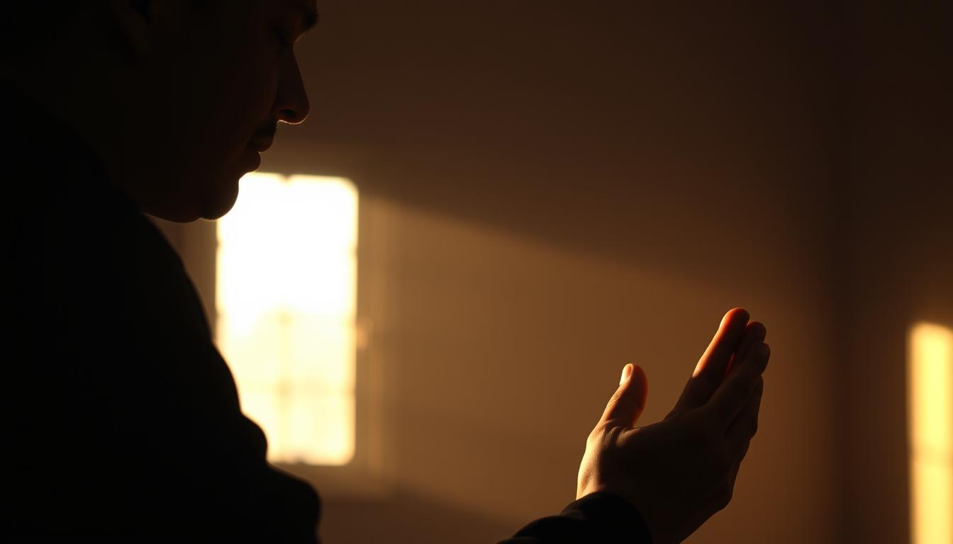 A serene, dimly lit interior scene of a person in deep contemplation, their hands clasped in prayer. Soft, warm lighting from a single window casts a gentle glow, illuminating the supplicant's face with an expression of hope and yearning. The background is slightly blurred, hinting at a simple, minimalist setting that allows the emotional focus to take center stage. The overall atmosphere evokes a sense of quiet reverence and heartfelt devotion, capturing the essence of &quot;rasa harapan dalam doa&quot; (the feeling of hope in prayer).