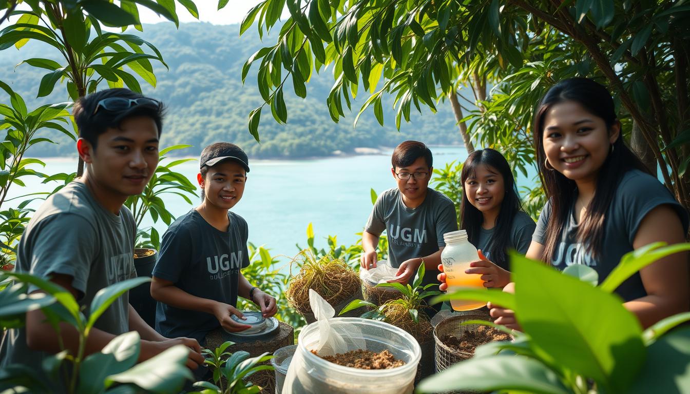 A group of UGM students engaged in community service on the remote Enggano Island, surrounded by lush tropical foliage. They work diligently, converting organic waste into nutrient-rich liquid fertilizer, their faces filled with determination. Soft, natural lighting illuminates the scene, creating a serene, documentary-style atmosphere. The students' actions reflect their commitment to sustainability and improving the lives of the local community. In the background, glimpses of the island's stunning coastline and azure waters add to the picturesque setting.
