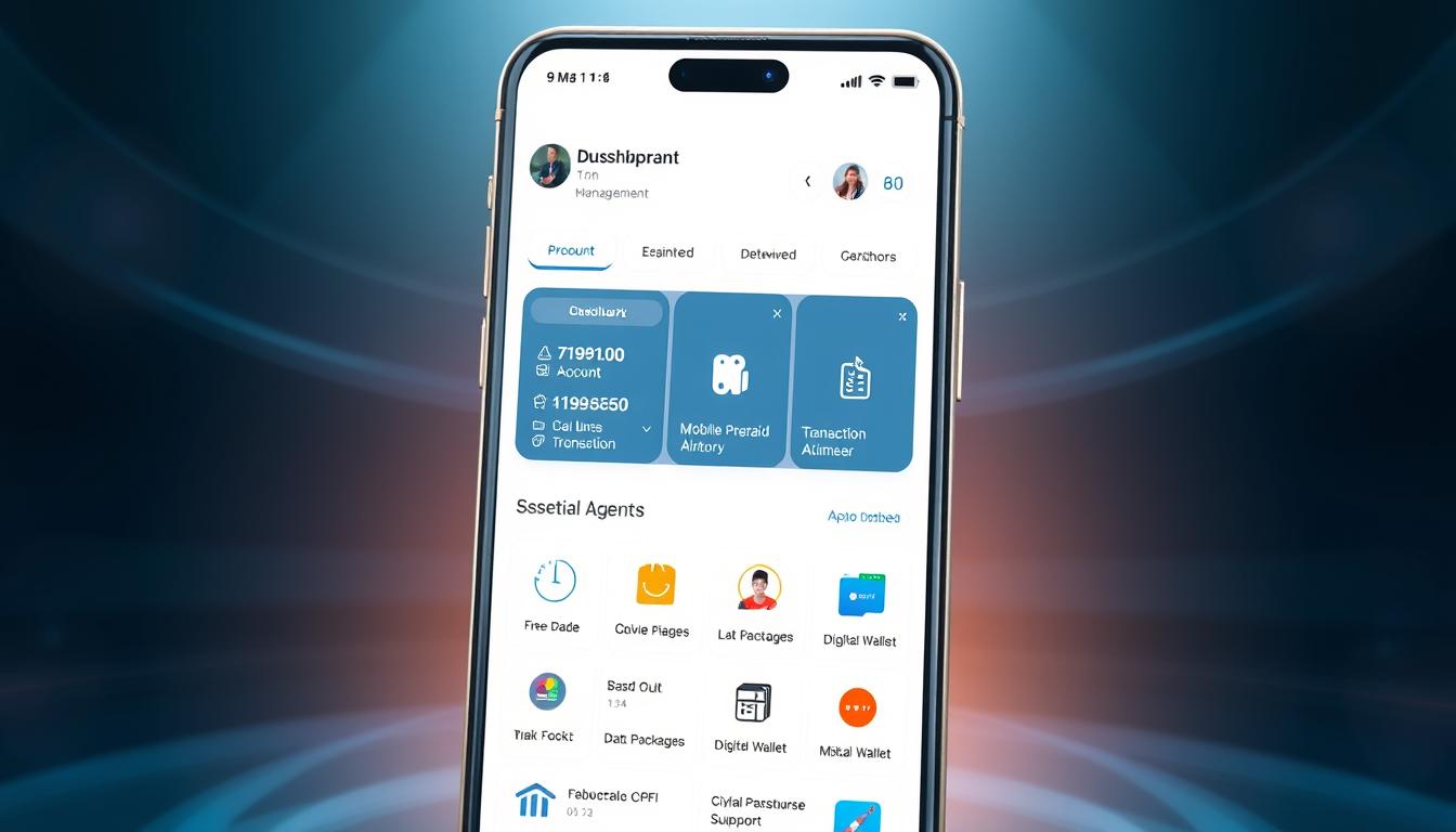 A modern, sleek mobile application interface showcasing a mobile digital agent. In the foreground, a clean, intuitive dashboard displays essential functions such as account management, transaction history, and customer support options. The middle ground features product offerings like mobile prepaid airtime, data packages, and digital wallet services, all presented with clear iconography and typography. The background subtly depicts the tech-savvy environment, with subtle gradients and minimalist geometric patterns evoking a sense of professionalism and innovation. The overall mood is one of efficiency, accessibility, and a seamless digital experience for the user.