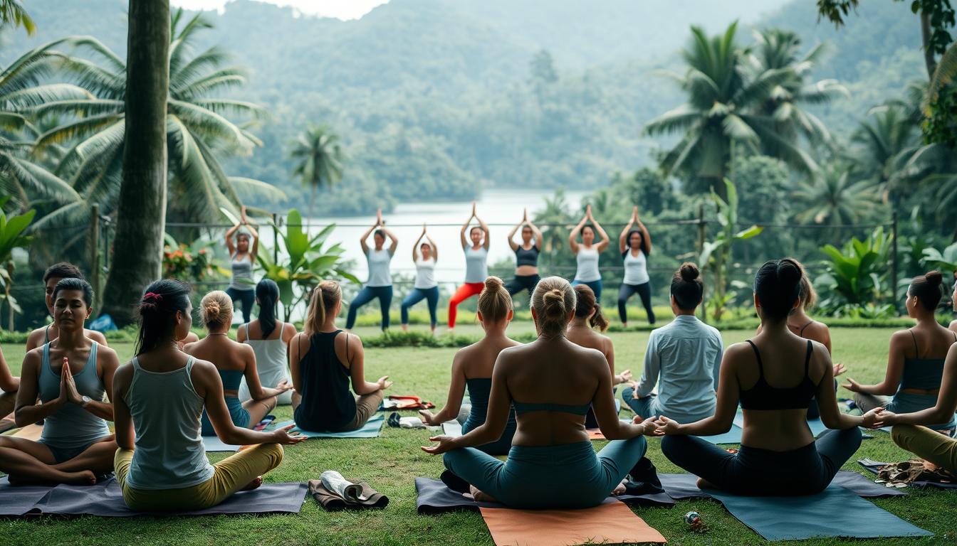 A serene gathering of yoga practitioners in a lush Indonesian setting. In the foreground, people of diverse ages and backgrounds sit in cross-legged meditation, their faces peaceful and focused. The middle ground features a group flowing through graceful asanas, their bodies in perfect harmony. In the background, a verdant landscape of tropical foliage and a tranquil body of water create a calming, natural ambiance. Soft, diffused lighting bathes the scene, conveying a sense of tranquility and spiritual connection. The overall atmosphere is one of community, mindfulness, and holistic well-being.