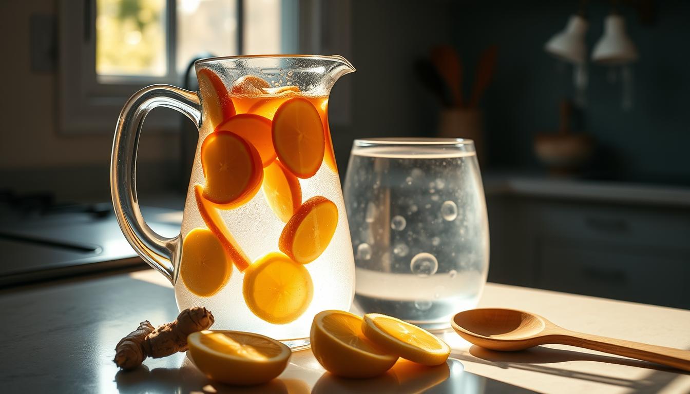 A serene, sun-dappled kitchen countertop, adorned with a glass pitcher brimming with fresh, vibrant ginger root slices steeped in clear, crystalline water. Slices of lemon and a wooden spoon for stirring rest nearby, complementing the natural hues. Soft, directional lighting illuminates the scene, casting warm shadows and highlighting the transparency of the liquid. The overall mood is one of wellness, simplicity, and the nourishing power of this restorative ginger-infused beverage, ready to be poured and enjoyed.