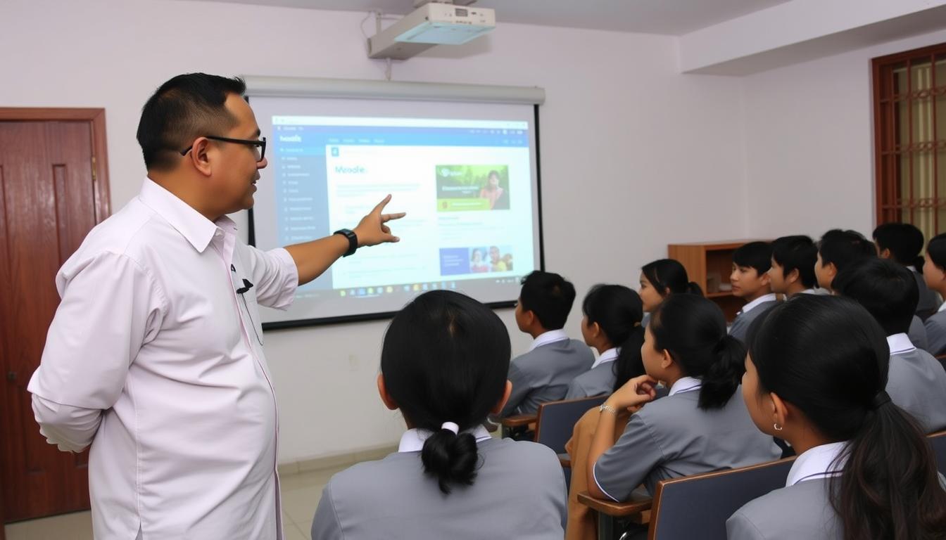 Guru SMP sedang menjelaskan fitur Moodle kepada siswa di kelas