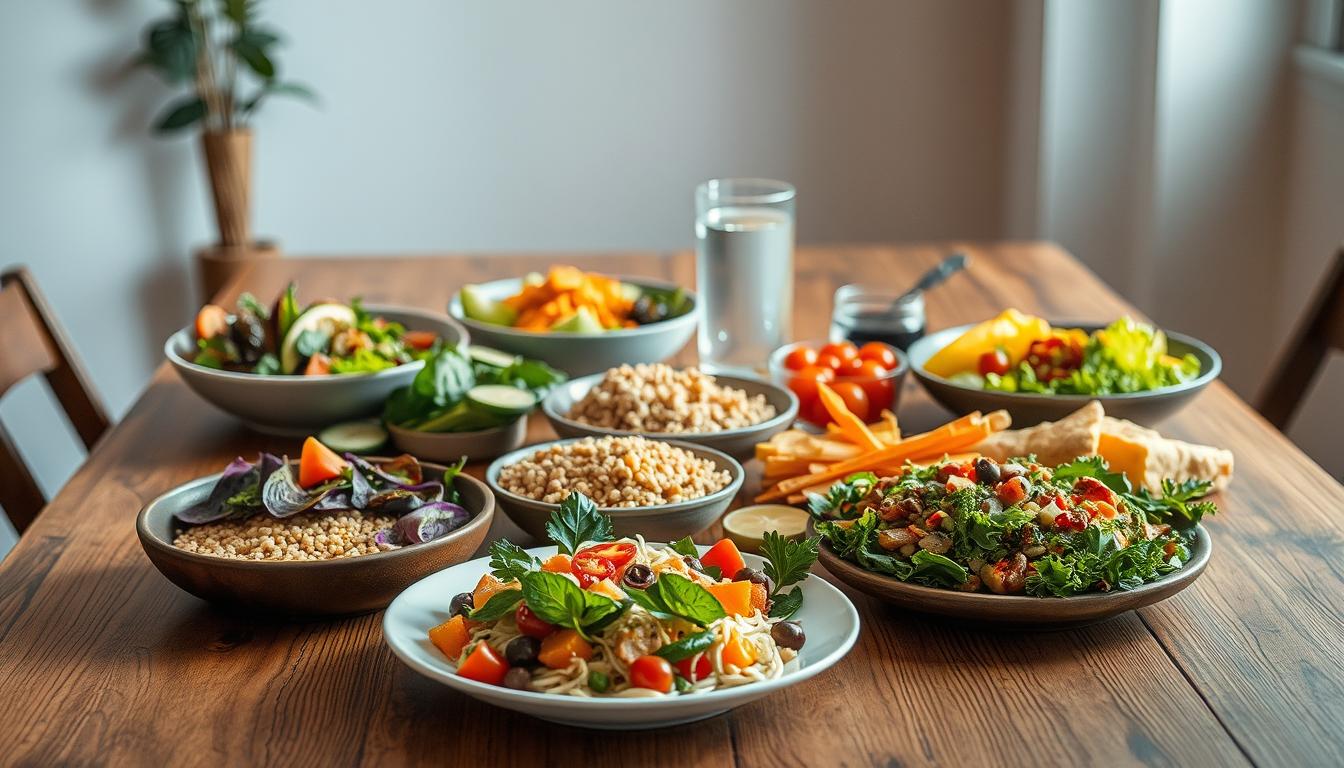 A visually appealing table setting with a variety of healthy, freshly prepared dishes arranged in a visually appealing manner. The scene features a wooden table with a natural, rustic texture, illuminated by soft, natural lighting that casts a warm, inviting glow. In the foreground, a selection of colorful, nutrient-rich foods such as a hearty salad, whole grains, and a variety of vegetables and fruits are presented in a visually striking composition. The middle ground showcases a glass of water and a set of utensils, emphasizing the importance of proper pacing and mindfulness during the dining experience. The background features a simple, uncluttered environment, allowing the focus to remain on the food and the act of eating slowly and intentionally.