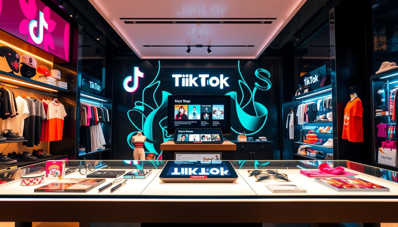 A vibrant and dynamic storefront display showcasing the diverse monetization options within the TikTok ecosystem. In the foreground, a sleek and modern product display with various merchandise and accessories, all illuminated by warm, focused lighting to highlight their allure. In the middle ground, an interactive kiosk or digital display showcases the TikTok Shop platform, its intuitive interface, and the wide range of selling tools available to creators and entrepreneurs. The background features a stylized TikTok logo and graphic elements that evoke the platform's youthful, energetic brand identity. The overall scene conveys a sense of opportunity, innovation, and the vast potential for generating sales and revenue through the TikTok platform.