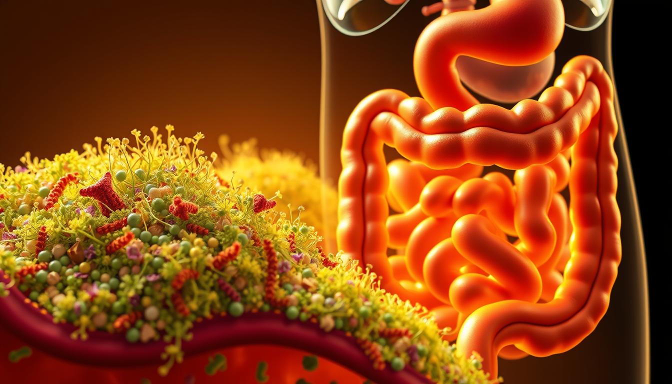A vibrant, detailed cross-section of a healthy human digestive system, showcasing the intricate balance of gut microbiota. In the foreground, a lush, thriving microbial community populates the intestinal walls, with diverse flora visible under a high-powered microscope lens. The middle ground features the small and large intestines, their surfaces lined with villi absorbing nutrients. In the background, the stomach and esophagus are visible, bathed in a warm, golden light that conveys the nourishing, harmonious nature of a well-functioning digestive tract. The overall scene is crisp, clean, and scientifically accurate, capturing the essence of gut health and the crucial role of dietary fiber.