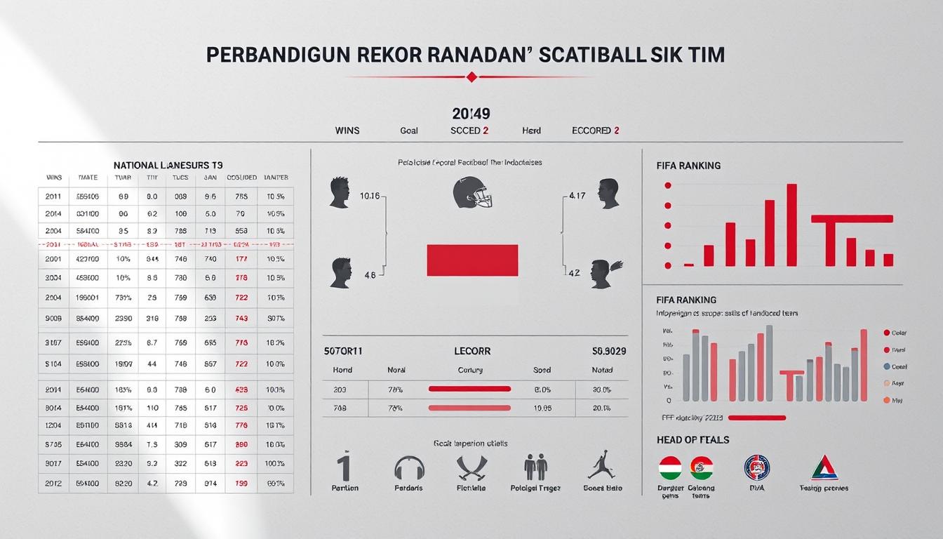 A detailed, data-driven infographic depicting the key statistics and records of the Indonesian national football team. Presented in a clean, minimalist style with a focus on elegant data visualization. The foreground should feature a grid-based layout showcasing crucial metrics like wins, losses, goals scored/conceded, FIFA ranking, and head-to-head records against major opponents. The middle ground could include stylized icons or silhouettes of key Indonesian players. The background should have a subtle textured pattern or gradient, evoking the national team's colors and insignia. Lighting should be soft and even, with a professional photographic quality. The overall mood should be authoritative, informative, and visually appealing to complement the &quot;Perbandingan Rekor dan Statistik Tim&quot; section.