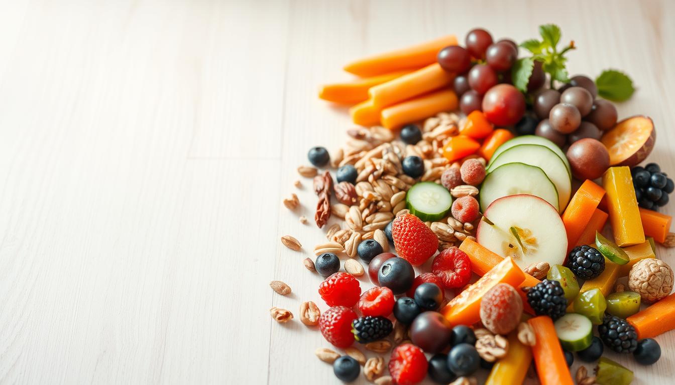 A delightful assortment of healthy snack options, thoughtfully arranged on a light wooden surface. In the foreground, an array of fresh fruits such as apple slices, grapes, and berries, complemented by crunchy vegetable sticks like carrot and cucumber. In the middle ground, a scattering of nutritious nuts, seeds, and dried fruit, adding a touch of earthy texture. The background features a simple, minimalist setting, allowing the vibrant colors and natural tones of the snacks to take center stage. Soft, natural lighting casts a warm, inviting glow, creating a serene and appetizing atmosphere. The overall composition conveys a sense of balance, health, and mindful indulgence.