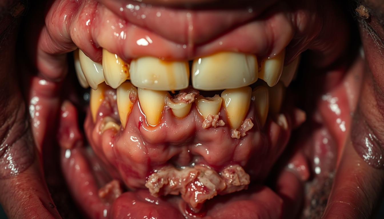 A close-up view of an unhealthy mouth with misaligned, yellowed teeth, gums that are inflamed and receding, and a thick film of plaque covering the surfaces. The lighting is harsh, creating deep shadows that accentuate the unsightly details. The angle is slightly from below, giving a sense of the problem's severity. The overall mood is one of neglect and the negative consequences of not properly chewing food, conveying the importance of this basic yet essential habit.