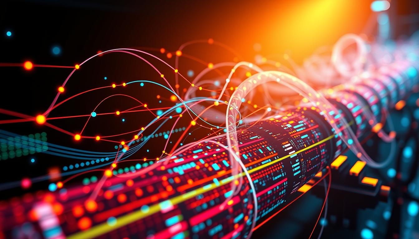 A highly detailed, 3D-rendered image of a data pipeline visualization, featuring a dynamic flow of colorful data streams, interconnected nodes, and sleek technological aesthetics. The scene is illuminated by a warm, directional lighting setup, casting dramatic shadows and highlights that accentuate the depth and complexity of the design. The camera angle is positioned to showcase the data pipeline in an engaging, eye-catching composition, capturing the essence of the &quot;Trend karir jurusan IT yang sedang naik di era digital&quot; topic.