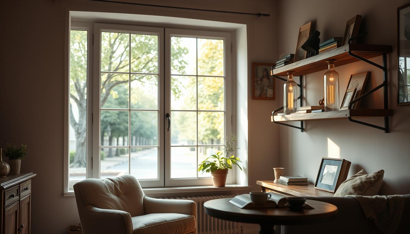 A cozy, well-lit European-style living room with a large picture window overlooking a tranquil, tree-lined street. Soft, natural lighting filters in, casting a warm glow on the reclaimed glass bottle lamps adorning the rustic wooden shelves. The lamps' elegant, minimalist design complements the room's vintage accents and neutral color palette. In the foreground, a plush armchair and an end table with a book and a mug of tea invite relaxation. The overall atmosphere exudes a sense of comfort, homeliness, and refined simplicity.