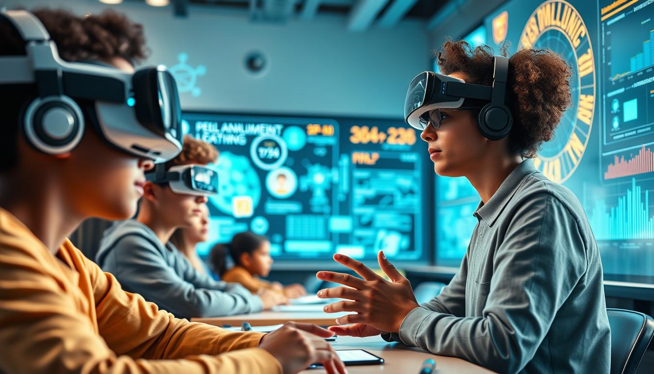 Futuristic classroom with AI-powered adaptive learning and VR integration