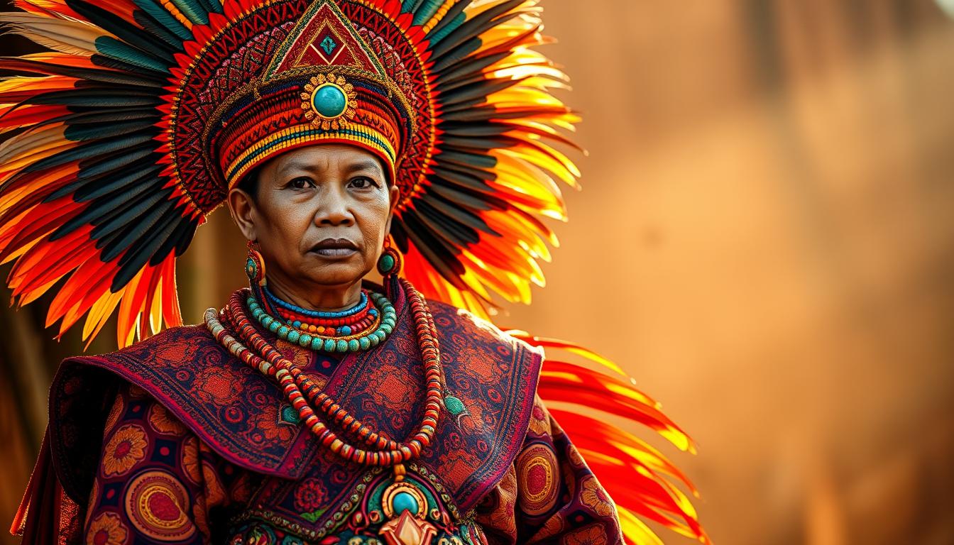 An ornate and vibrant traditional costume from the diverse cultures of Papua, Indonesia. The intricate headpiece features vibrant feathers, beads, and intricate patterns, framing the subject's face. The main garment is a flowing, elaborate robe adorned with vibrant patterns and textures, creating a striking visual display. The lighting is warm and diffused, illuminating the rich hues and details of the attire. The background is softly blurred, placing the focus entirely on the captivating traditional outfit. This image captures the beauty, craftsmanship, and cultural heritage of Papuan traditional dress.