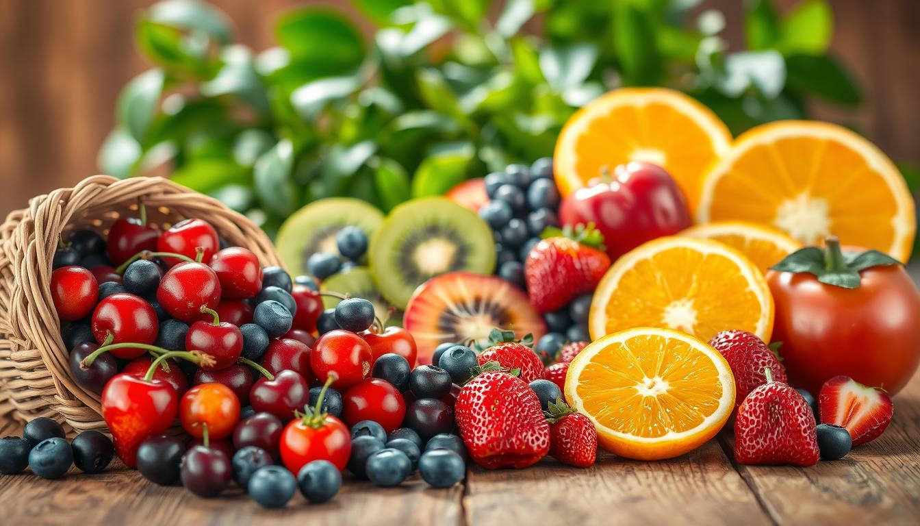 A lush, vibrant assortment of low-purine fruits arranged artfully on a rustic wooden table. In the foreground, a selection of cherries, blueberries, and strawberries spill out from a woven basket, their colors popping against the natural wood tones. In the middle ground, juicy kiwi slices and orange wedges fan out, casting soft shadows. The background features a backdrop of leafy greens, hinting at the healthful nature of these recommended fruits for those managing gout or high uric acid levels. Warm, natural lighting illuminates the scene, creating a soothing, appetizing atmosphere.