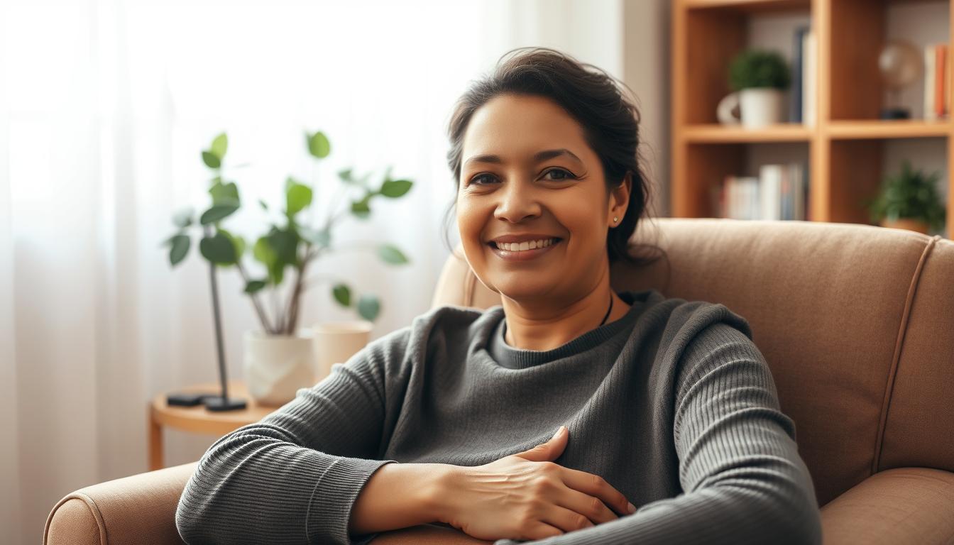 A warm and comforting scene of a woman, her face radiating strength and resilience, sitting on a plush armchair in a cozy living room. Soft natural lighting filters through sheer curtains, casting a gentle glow on her features. In the background, a bookshelf and potted plants suggest a nurturing, healing environment. The woman's posture is relaxed, conveying a sense of peace and restoration, as she embarks on her journey of recovery from the trauma of domestic violence. The mood is one of hope and empowerment, reflecting the triumph of the human spirit.
