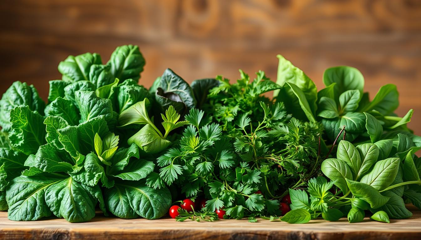A vibrant still life showcasing a lush array of verdant leafy greens against a warm, natural backdrop. In the foreground, an assortment of nutrient-dense superfoods such as kale, spinach, and swiss chard are artfully arranged, their leaves glistening with fresh dew. The middle ground features a scattering of vibrant, antioxidant-rich herbs like parsley, cilantro, and basil, their delicate tendrils adding depth and texture. The background depicts a rustic wooden surface, perhaps a weathered table or cutting board, casting a soft, earthy glow that complements the vibrant hues of the produce. Soft, diffused lighting illuminates the scene, highlighting the inherent vitality and health-promoting properties of these humble, yet powerful, green vegetables.