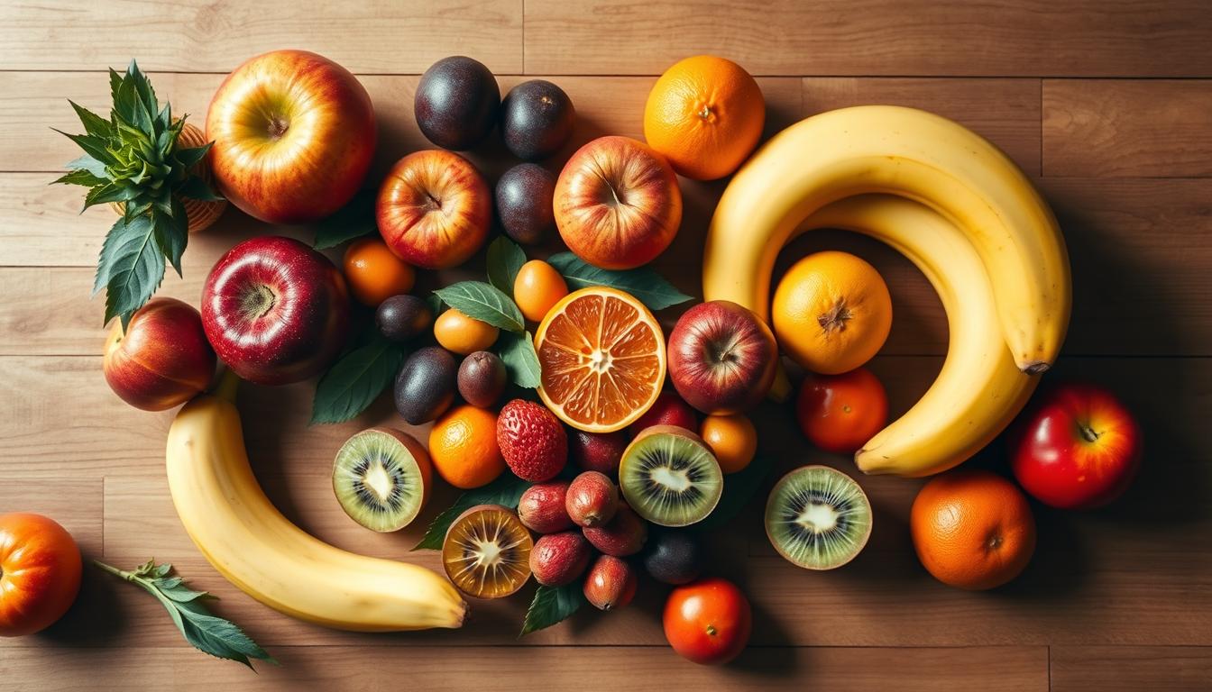 A still life arrangement showcasing the proper way to consume fruits for lowering cholesterol. A wooden table is set with various colorful fruits such as apples, oranges, bananas, and kiwis. The lighting is soft and natural, creating a warm, inviting atmosphere. The camera angle is slightly overhead, capturing the arrangement in an appealing, appetizing manner. The focus is on the fruits, highlighting their freshness and health benefits. The overall mood is one of simplicity, wellness, and the joy of healthy eating.