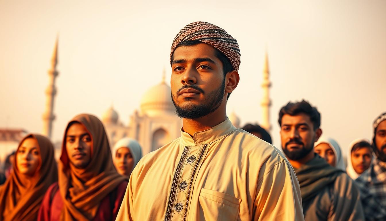 A young Muslim man, dressed in traditional Islamic attire, stands tall and resolute, his gaze fixed with unwavering determination. He is surrounded by a diverse group of peers, each lending their unique perspectives and experiences to the shared mission of spreading the message of Islam. The scene is bathed in a warm, golden light, symbolizing the illumination of knowledge and the radiance of faith. In the background, a grand mosque or Islamic center stands as a beacon, casting its spiritual influence upon the scene. The overall atmosphere exudes a sense of purpose, unity, and a steadfast commitment to the noble endeavor of Islamic da'wah (outreach) in the modern, global landscape.