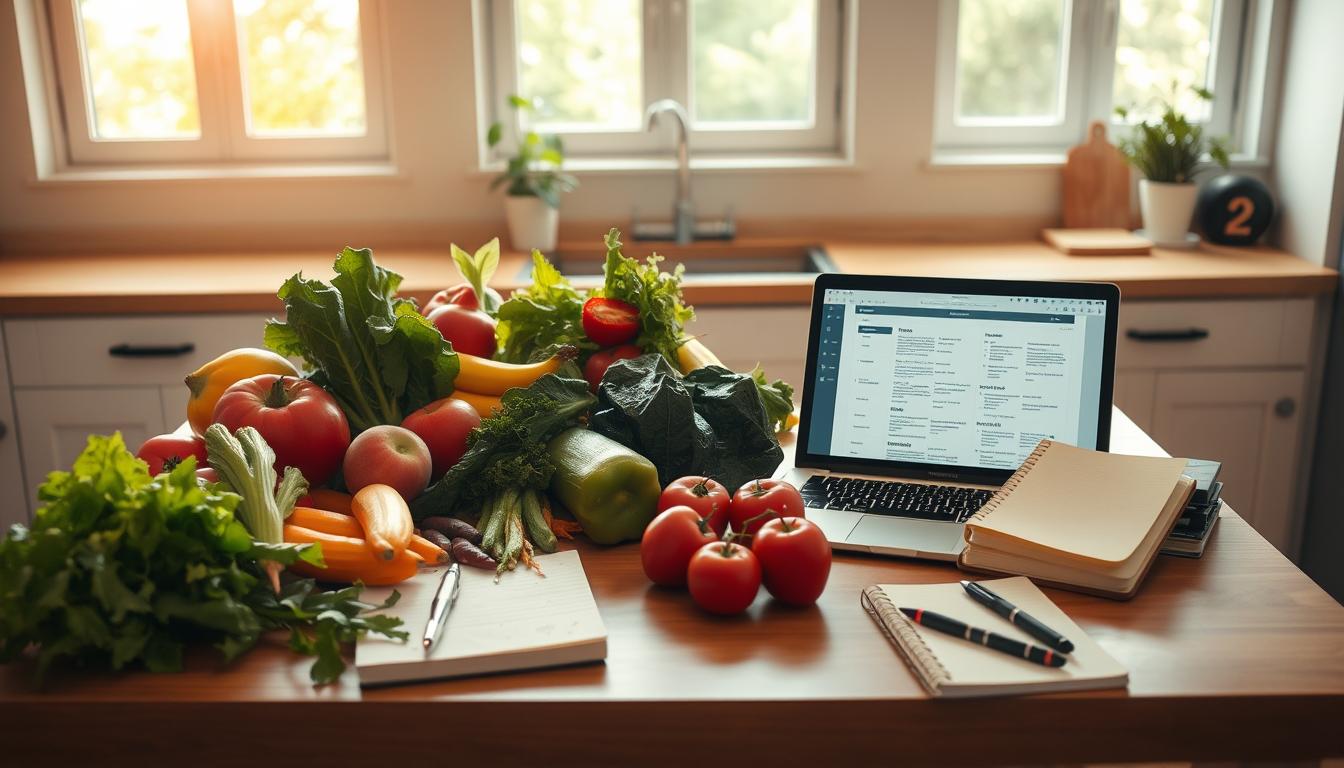 A neatly arranged kitchen counter, bathed in warm, natural lighting from large windows. On the surface, an assortment of fresh produce - vibrant greens, crisp vegetables, and ripe fruits, all carefully selected. Alongside them, a laptop open to a meal planning document, a pen, and a notebook filled with handwritten notes. The atmosphere exudes a sense of mindfulness and intention, as the process of crafting a healthy, balanced weekly menu unfolds. The scene reflects the thoughtful, step-by-step approach to building a nutritious diet, embodying the essence of "Langkah Awal Menyusun Menu".