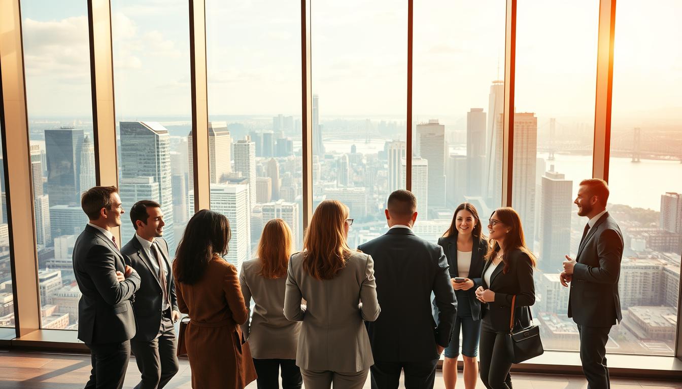 A vibrant and dynamic scene depicting the international career prospects of a field like accounting. In the foreground, a diverse group of professionals in business attire converse animatedly, representing the global reach of their expertise. The middle ground showcases a sleek, modern office environment with floor-to-ceiling windows overlooking a bustling cityscape of skyscrapers and bridges, symbolizing the international nature of their work. The background is bathed in warm, golden lighting, creating a sense of opportunity and prosperity. The composition conveys a sense of collaboration, ambition, and the limitless potential of an internationally-focused career path.