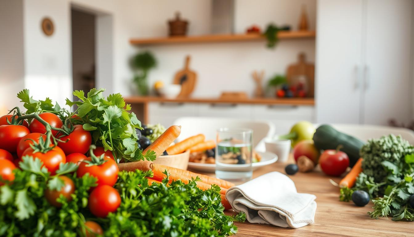 A nourishing, vibrant scene of a healthy eating routine. In the foreground, an arrangement of fresh produce - juicy tomatoes, crisp greens, crunchy carrots, and ripe fruits. Arranged artfully, conveying a sense of balance and intentionality. In the middle ground, a wooden table set with a simple place setting - a plate of wholesome, home-cooked meal, a glass of water, and a cloth napkin. Soft, natural lighting filters in, creating a warm, inviting atmosphere. In the background, a minimalist kitchen interior with clean, white walls and natural wood accents, hinting at a lifestyle of wellness and mindfulness. The overall impression is one of a considered, sustainable approach to nutrition, encouraging the viewer to cultivate healthy eating habits.