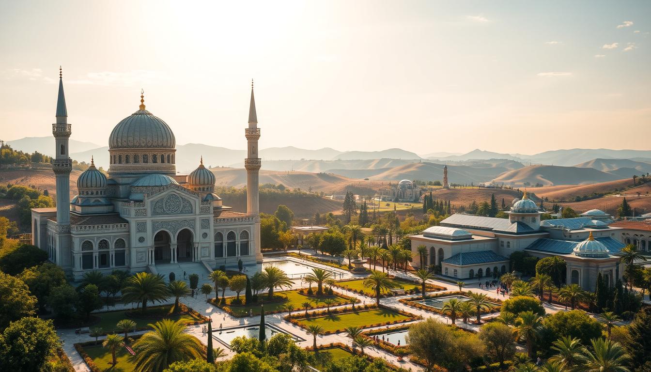 A serene, sun-dappled landscape showcases the harmonious integration of traditional Islamic architecture and modern sustainable technology. In the foreground, a grand mosque with intricate calligraphic patterns and ornate domes stands as a testament to the rich cultural heritage. Surrounding it, lush green gardens and water features create a tranquil, contemplative atmosphere. In the middle ground, sleek, energy-efficient buildings with solar panels on their roofs blend seamlessly with the architectural style, representing the successful implementation of Sharia-compliant economic principles. The background features rolling hills and a vibrant, cloudless sky, conveying a sense of prosperity and spiritual enlightenment. The scene radiates a sense of balance, harmony, and the harmonious integration of tradition and modernity.