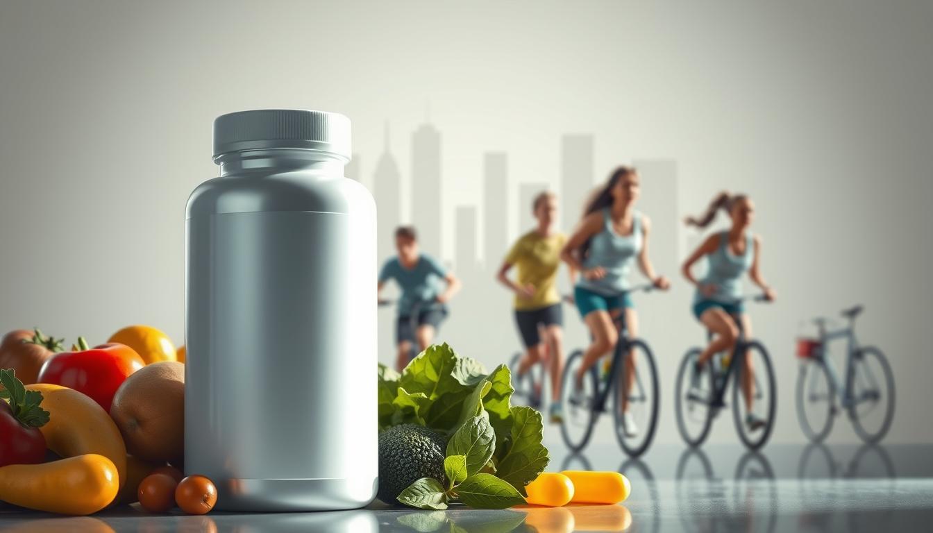 A sleek, modern supplement bottle in the foreground, surrounded by a selection of fresh fruits and vegetables. The bottle is lit from the side, casting subtle shadows and highlights that accentuate its sophisticated design. In the middle ground, a group of active, healthy-looking teenagers engage in various activities, such as jogging, cycling, or playing sports, underscoring the connection between the supplements and an active, vibrant lifestyle. The background features a stylized, minimalist cityscape, with clean lines and a muted color palette that creates a sense of urban wellness and progress. The overall atmosphere is one of youthful energy, wellness, and the synergy between nutrition, supplements, and an active, modern lifestyle.