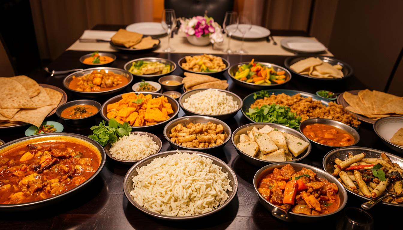 A lavish spread of various dishes on a dark wooden table, illuminated by warm, soft lighting. In the foreground, a selection of hearty, homemade dishes, including a savory stew, fragrant curries, and a vibrant vegetable medley. The middle ground features an array of fresh breads, rice dishes, and salads, each offering a unique flavor and texture. In the background, a subtle, elegant table setting with delicate glassware and subtle floral accents, creating a cozy and inviting atmosphere. The overall scene exudes a sense of culinary diversity, balance, and enjoyment, perfectly capturing the essence of a diverse and nourishing evening meal.