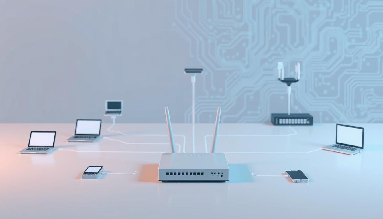 A detailed, technically-accurate image of a computer network diagram, showcasing various network components and their interconnections. The foreground features a central router connected to multiple client devices, such as laptops, desktops, and mobile phones, all illustrated with a clean, minimalist style. The middle ground includes network switches, access points, and cable connections, while the background depicts a abstract, technical grid or circuit board pattern, suggesting the underlying infrastructure. The lighting is soft and uniform, emphasizing the clarity and precision of the diagram. The overall atmosphere conveys a sense of digital organization and connectivity, reflecting the subject of "mata kuliah jaringan" (Computer Networks course) within the context of the Computer Systems degree program.