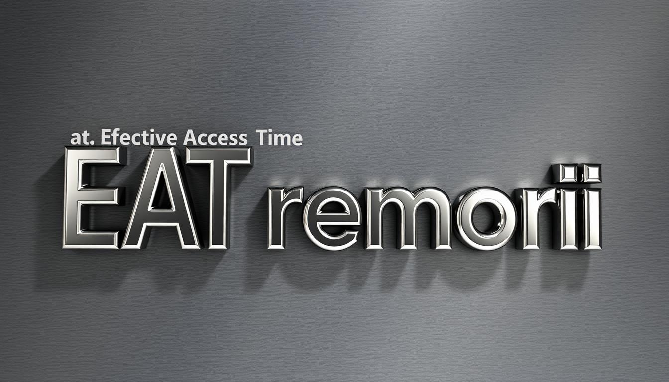 A photorealistic 3D render of the text &quot;EAT memori&quot; against a textured, metallic background. The letters are cast in a durable, high-polish chrome material, with slight depth and beveling to create a sense of dimensionality. The background is a mottled, brushed steel surface, evoking the aesthetic of computer hardware and technology. Dramatic, directional lighting casts long shadows, creating a sense of depth and solidity. The overall scene has a sleek, minimalist, and high-tech feel, suitable for illustrating the &quot;Effective Access Time&quot; concept in the article.
