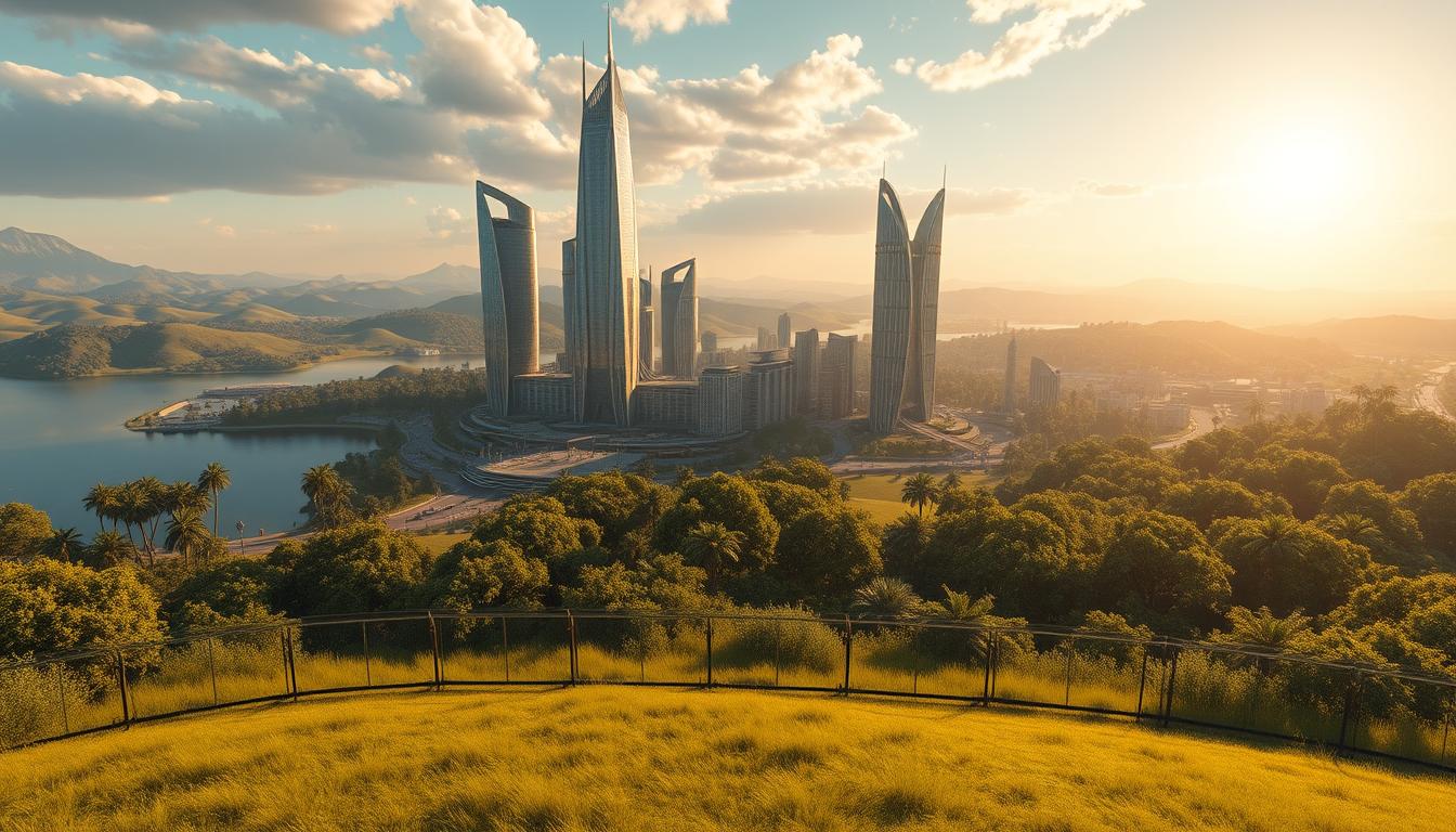 A vast, immersive virtual landscape stretches out before the viewer, a stunning metaverse terraformed with lush, rolling hills, pristine lakes, and towering skyscrapers of gleaming glass and steel. The sun casts a warm, golden glow across the scene, illuminating the intricate details of the architecture and the vibrant, verdant foliage. In the foreground, a sprawling virtual property stands, its boundaries marked by sleek, futuristic fencing, hinting at the potential for ownership and investment in this digital realm. The overall atmosphere conveys a sense of limitless possibility, where the physical and virtual worlds converge to create a new frontier for exploration and opportunity.