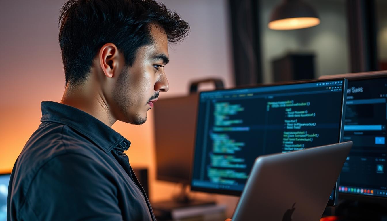 A professional game developer standing in a modern office, their laptop open displaying lines of code. The developer's face is in profile, with a focused expression as they work. Subtle ambient lighting casts a warm glow, highlighting the developer's features. The background is blurred, but suggests a workspace filled with sleek computer equipment and monitors. A sense of dedication and technical expertise permeates the scene, capturing the essence of a skilled game developer.