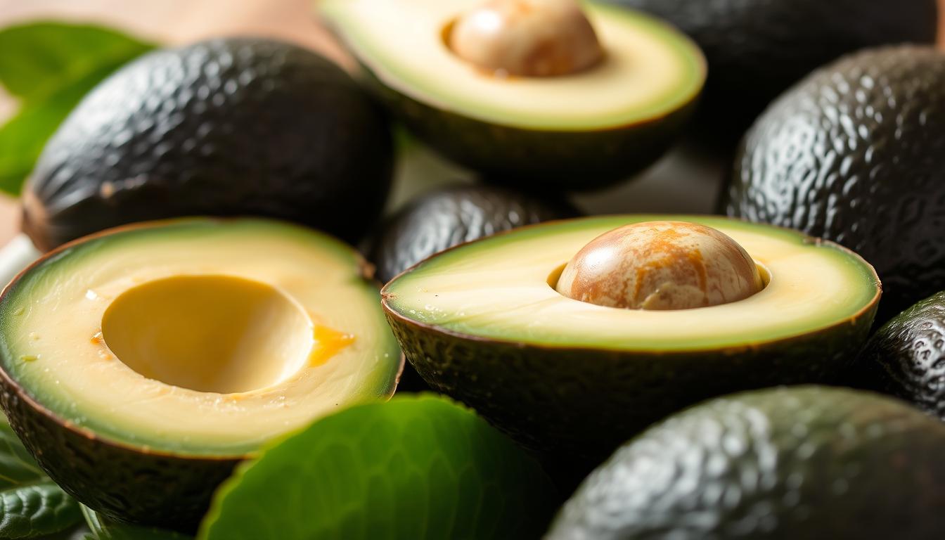 a close-up detailed photograph of avocado fruits, sliced in half to reveal the pit and creamy green flesh, surrounded by green leaves, with a blurred background highlighting the rich texture and color of the avocado; the image should convey the nutritional benefits of the avocado for heart health, with a calm, natural, and appetizing atmosphere